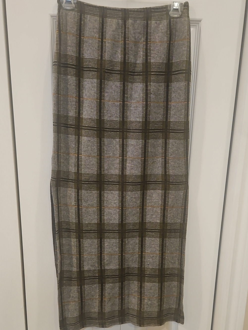 Olive Plaid Pencil Midi Skirt